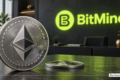 Silver Ethereum ETH coin standing on a desk with green glowing BitMine logo on office wall in background