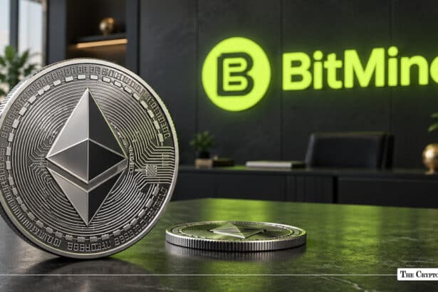 Silver Ethereum ETH coin standing on a desk with green glowing BitMine logo on office wall in background