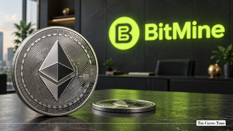 Silver Ethereum ETH coin standing on a desk with green glowing BitMine logo on office wall in background