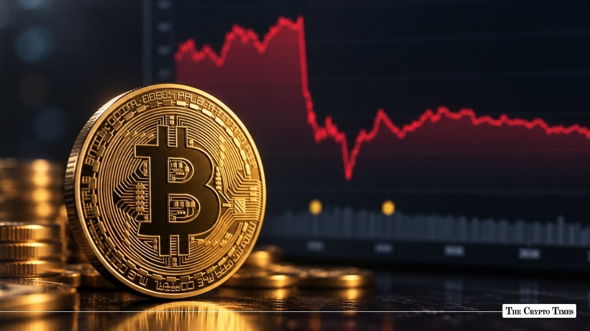 Gold Bitcoin token standing upright next to a stack of coins against a digital screen displaying a sharp red downward price chart