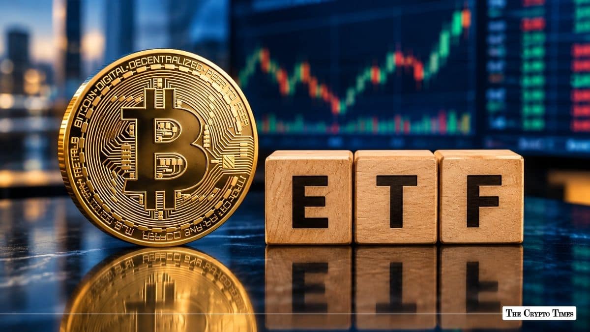 Gold Bitcoin (BTC) physical token placed next to wooden letter blocks spelling ETF.