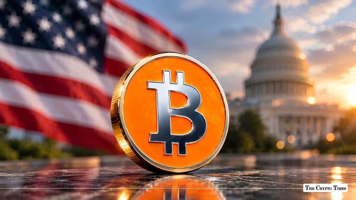 Gold and orange Bitcoin coin in front of the US Capitol Building and American flag.