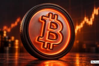 Glowing orange-and-red neon Bitcoin token standing vertically against a dark background with an ascending financial candlestick chart