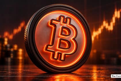 Glowing orange-and-red neon Bitcoin token standing vertically against a dark background with an ascending financial candlestick chart