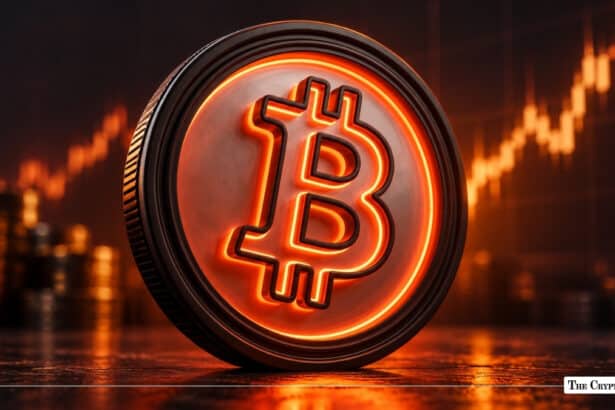 Glowing orange-and-red neon Bitcoin token standing vertically against a dark background with an ascending financial candlestick chart