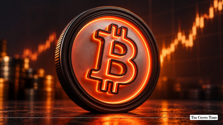 Glowing orange-and-red neon Bitcoin token standing vertically against a dark background with an ascending financial candlestick chart