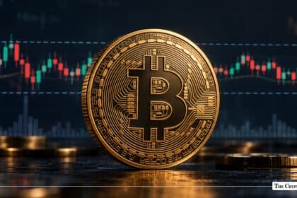 A physical gold Bitcoin coin positioned in the foreground against a backdrop of financial candlestick trading charts.