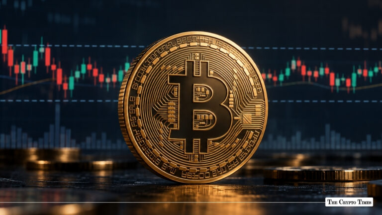 A physical gold Bitcoin coin positioned in the foreground against a backdrop of financial candlestick trading charts.