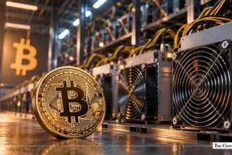 Gold Bitcoin coin resting in front of ASIC mining rigs in a data center.