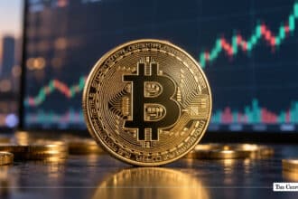 A physical gold Bitcoin coin positioned in front of a digital trading chart displaying rising green candlesticks.