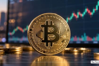 A physical gold Bitcoin coin positioned in front of a digital trading chart displaying rising green candlesticks.