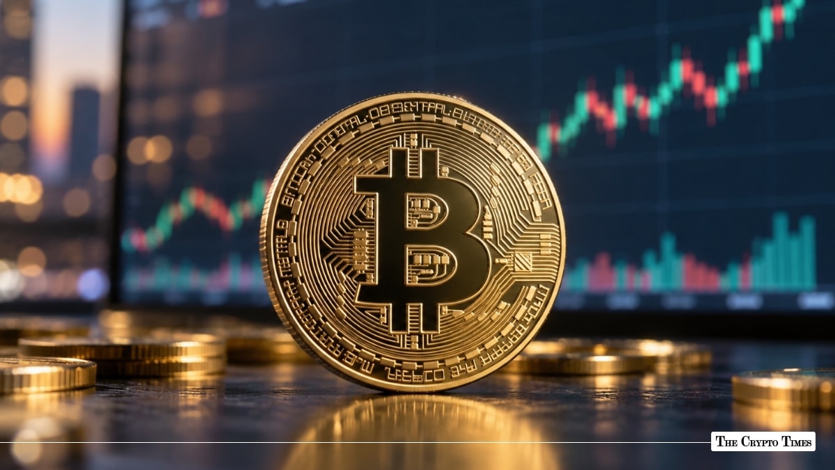 A physical gold Bitcoin coin positioned in front of a digital trading chart displaying rising green candlesticks.