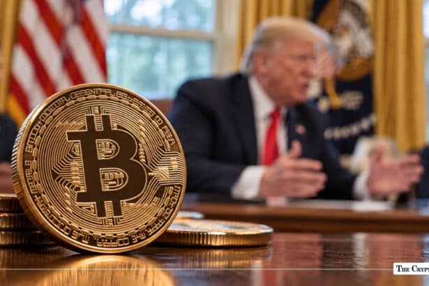 A gold Bitcoin coin on a table with Donald Trump speaking in the Oval Office in the blurred background.