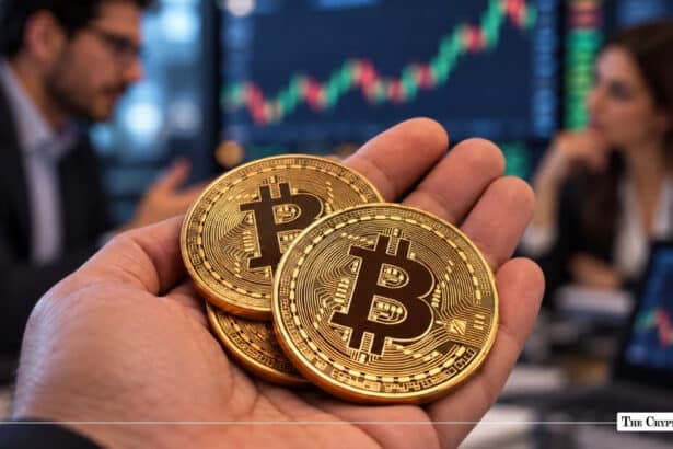 A hand holding gold Bitcoin coins with trading charts and analysts blurred in the background.