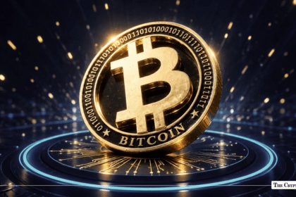 Gold Bitcoin BTC coin standing on an illuminated digital pedestal surrounded by light rays