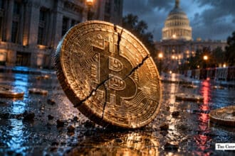 A cracked physical Bitcoin coin resting on a wet street with the U.S. Capitol building illuminated in the background