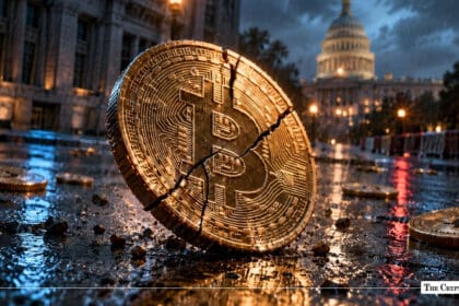 A cracked physical Bitcoin coin resting on a wet street with the U.S. Capitol building illuminated in the background