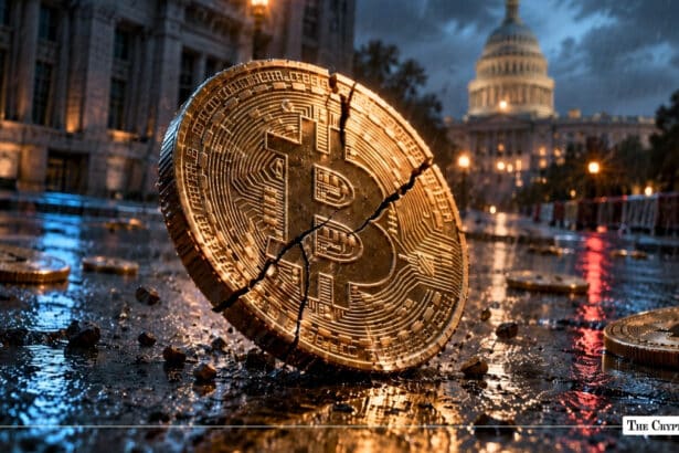 A cracked physical Bitcoin coin resting on a wet street with the U.S. Capitol building illuminated in the background