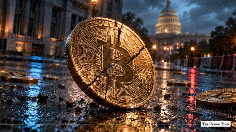 A cracked physical Bitcoin coin resting on a wet street with the U.S. Capitol building illuminated in the background