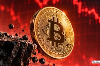 A gold Bitcoin coin sliding off a crumbling cliff against a backdrop of declining red market charts.
