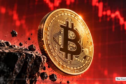 A gold Bitcoin coin sliding off a crumbling cliff against a backdrop of declining red market charts.