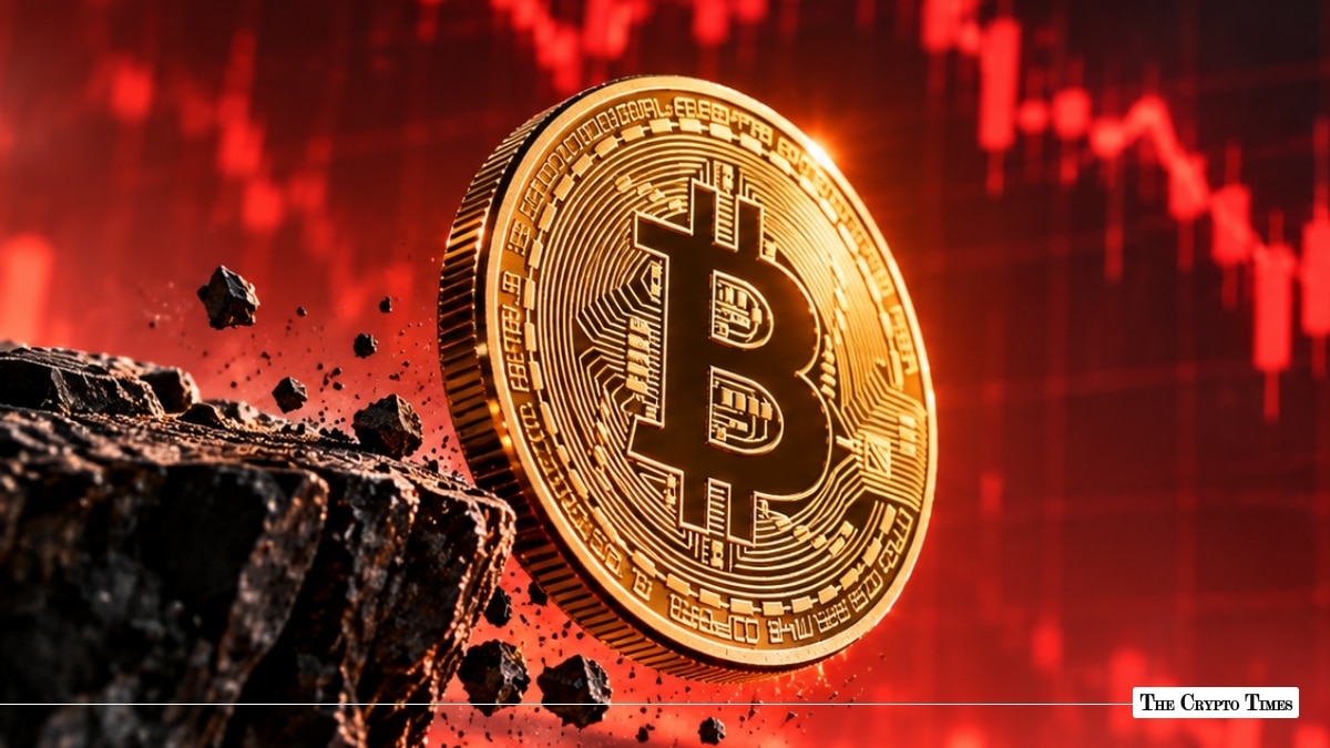 A gold Bitcoin coin sliding off a crumbling cliff against a backdrop of declining red market charts.