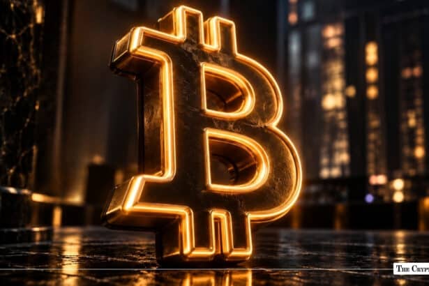 Glowing golden Bitcoin sign standing on a polished floor in front of illuminated city skyline lights at night