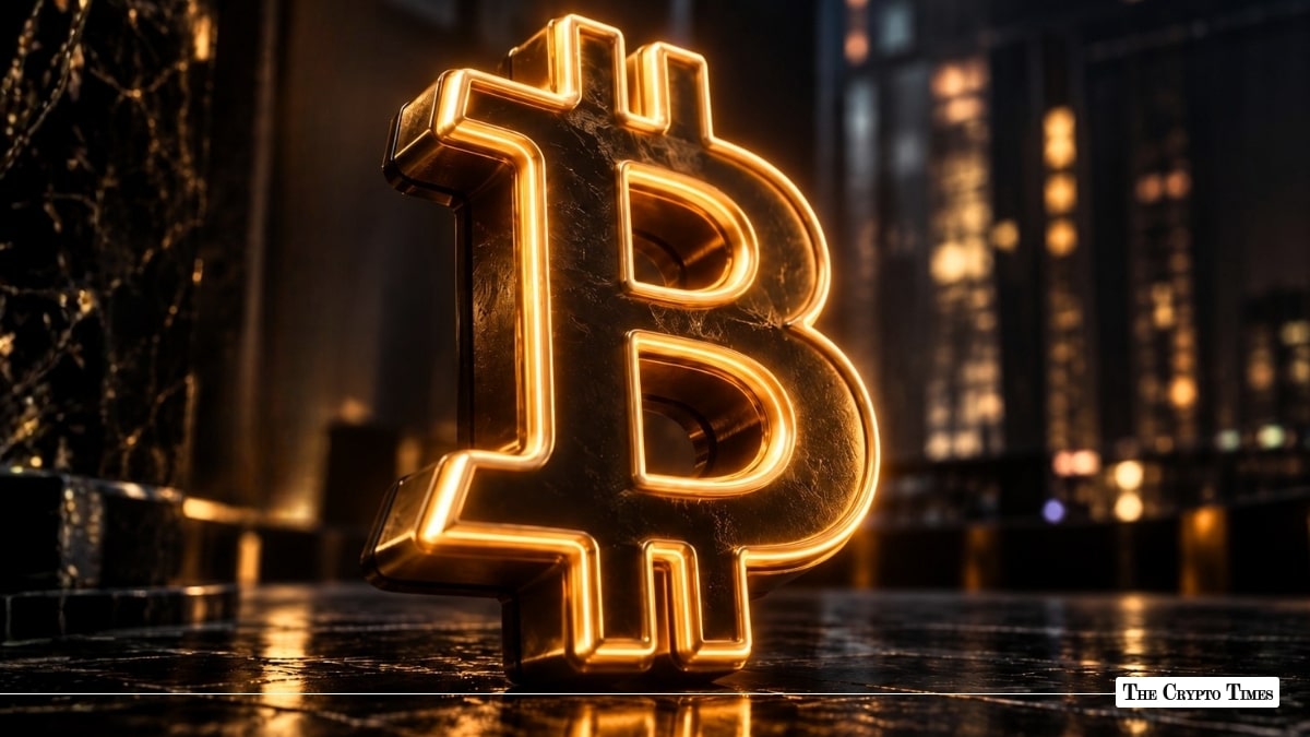 Glowing golden Bitcoin sign standing on a polished floor in front of illuminated city skyline lights at night