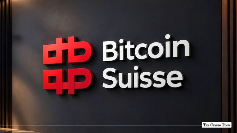 Bitcoin Suisse logo mounted on a dark wall.