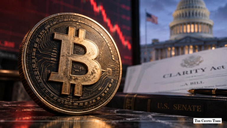 A physical Bitcoin coin in front of a red stock chart screen, alongside the CLARITY Act bill and the U.S. Capitol dome