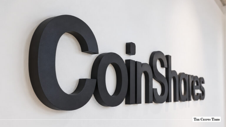 CoinShares logo displayed in black on a white wall.