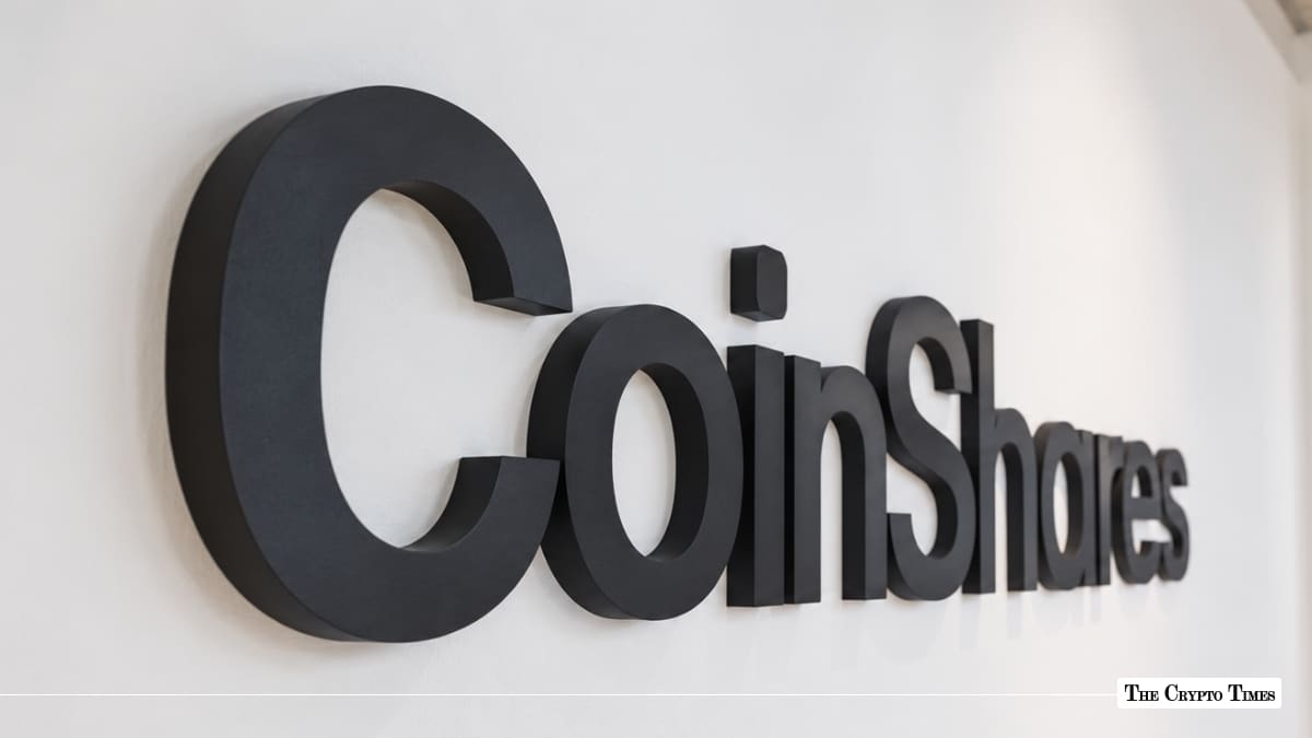 CoinShares logo displayed in black on a white wall.