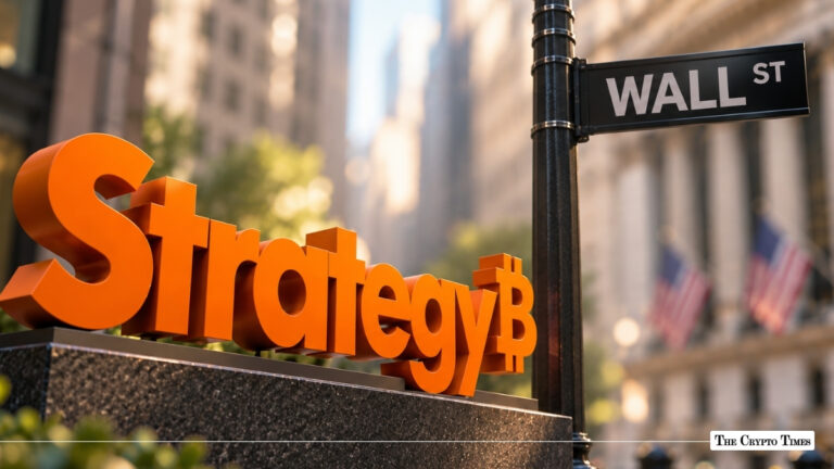 Orange MicroStrategy logo with a Bitcoin symbol next to a Wall Street sign.