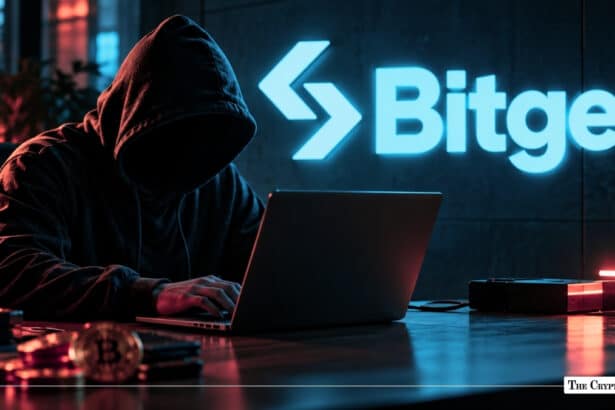 Hooded hacker typing on a laptop in front of a glowing Bitget exchange logo