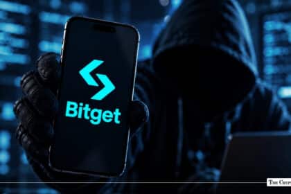 A gloved hand holding a smartphone displaying the Bitget logo in front of a hooded, shadowed figure.