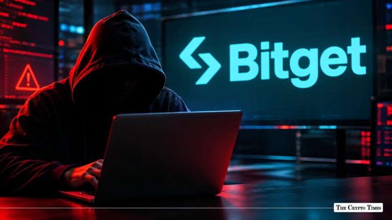 Hooded figure using a laptop next to a screen displaying the Bitget exchange logo.