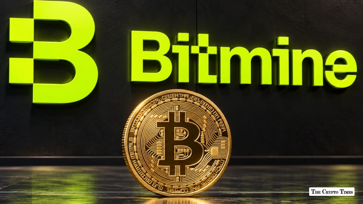A gold Bitcoin coin in front of an illuminated lime green Bitmine logo on a dark wall.