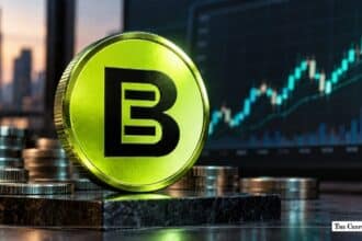 Lime green physical BitTorent (BTT) coin standing upright against a rising stock chart.