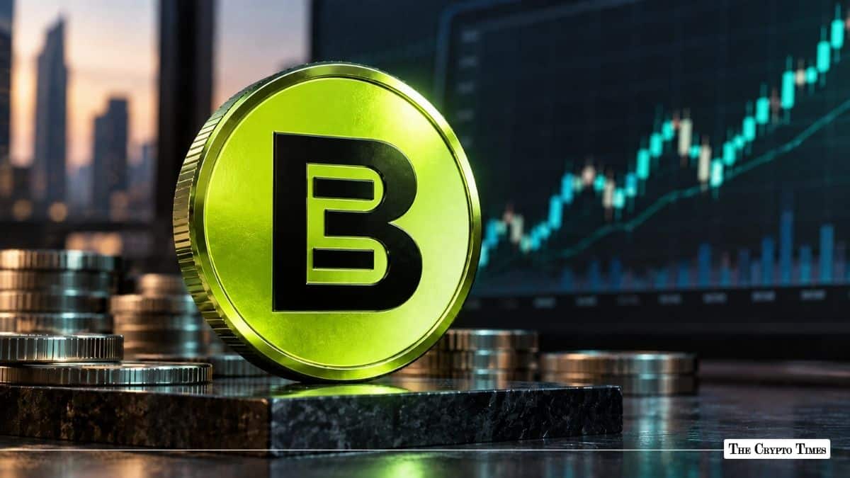 Lime green physical BitTorent (BTT) coin standing upright against a rising stock chart.