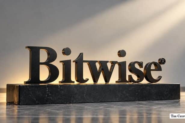 3D Bitwise corporate logo block illuminated on a marble base.