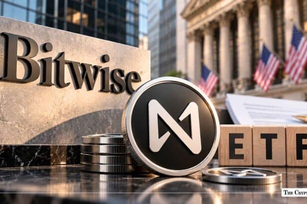 NEAR Protocol physical coin positioned alongside a Bitwise sign, ETF blocks, and the New York Stock Exchange building.