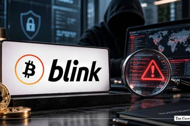 Illuminated Blink Bitcoin logo display beside a hooded figure and a cyber threat alert.