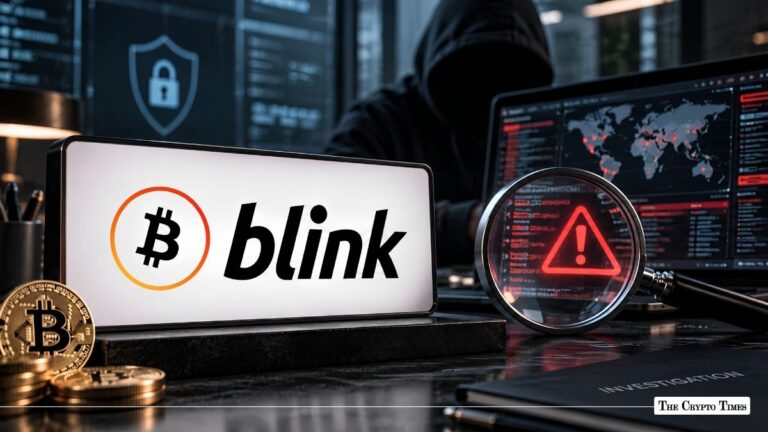 Illuminated Blink Bitcoin logo display beside a hooded figure and a cyber threat alert.