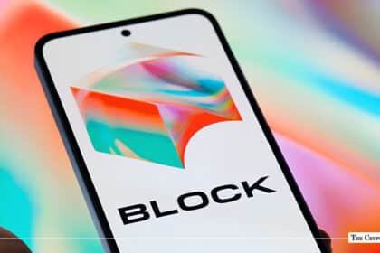 Smartphone screen displaying the Block company logo set against a colorful gradient background