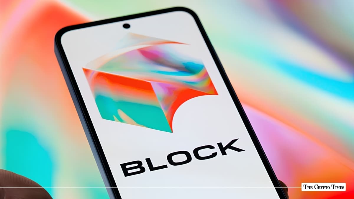 Smartphone screen displaying the Block company logo set against a colorful gradient background