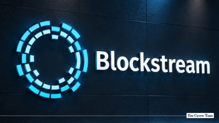 Blockstream company logo in glowing blue with a segmented circle icon mounted on a dark textured wall