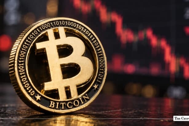 Gold physical Bitcoin coin positioned in front of a red stock market candle chart.