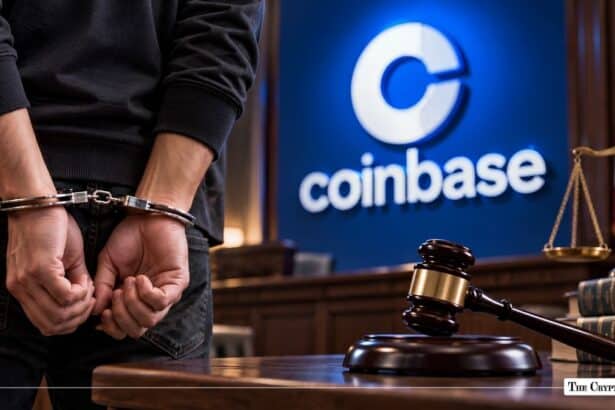 Handcuffed individual in a courtroom setting with a gavel and a Coinbase sign in the background.