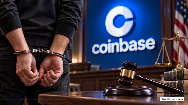Handcuffed individual in a courtroom setting with a gavel and a Coinbase sign in the background.