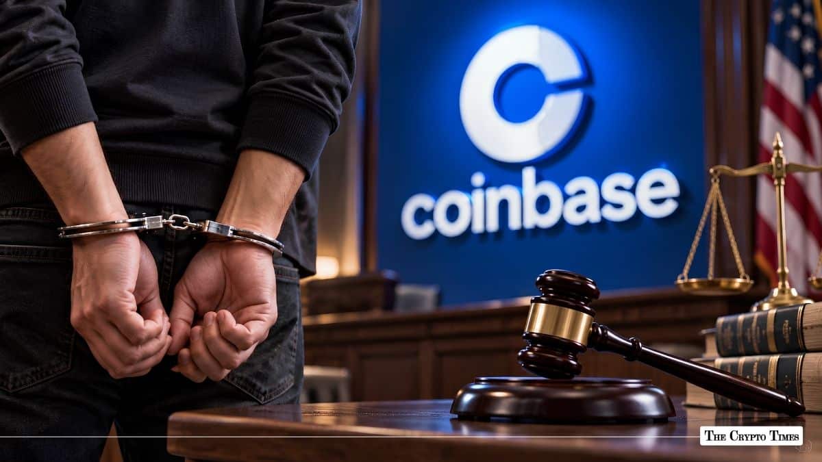 Handcuffed individual in a courtroom setting with a gavel and a Coinbase sign in the background.